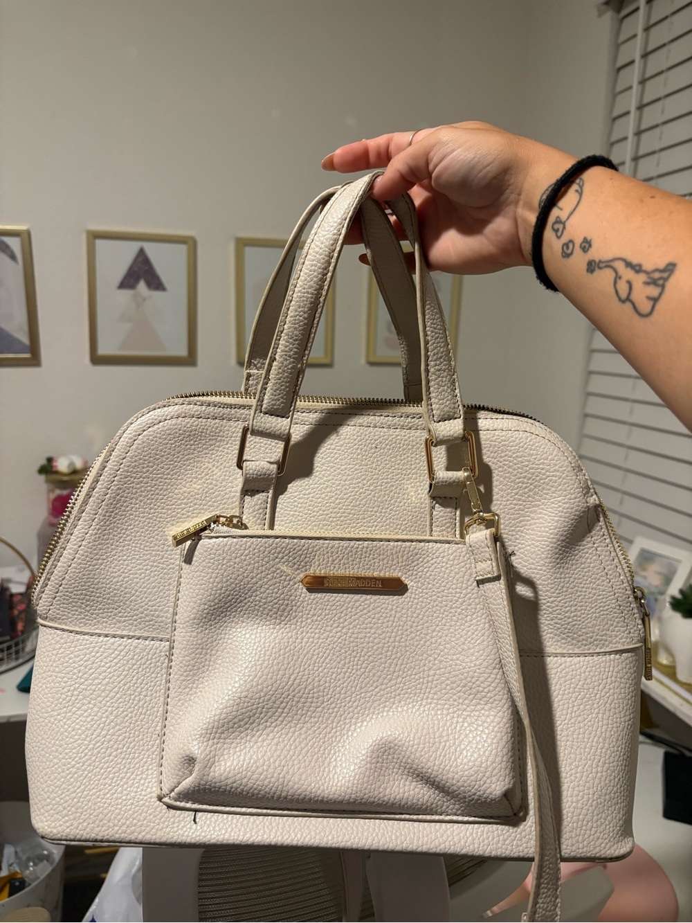 Steve Madden Cream Pebbled Dome Tote with Front Pocket